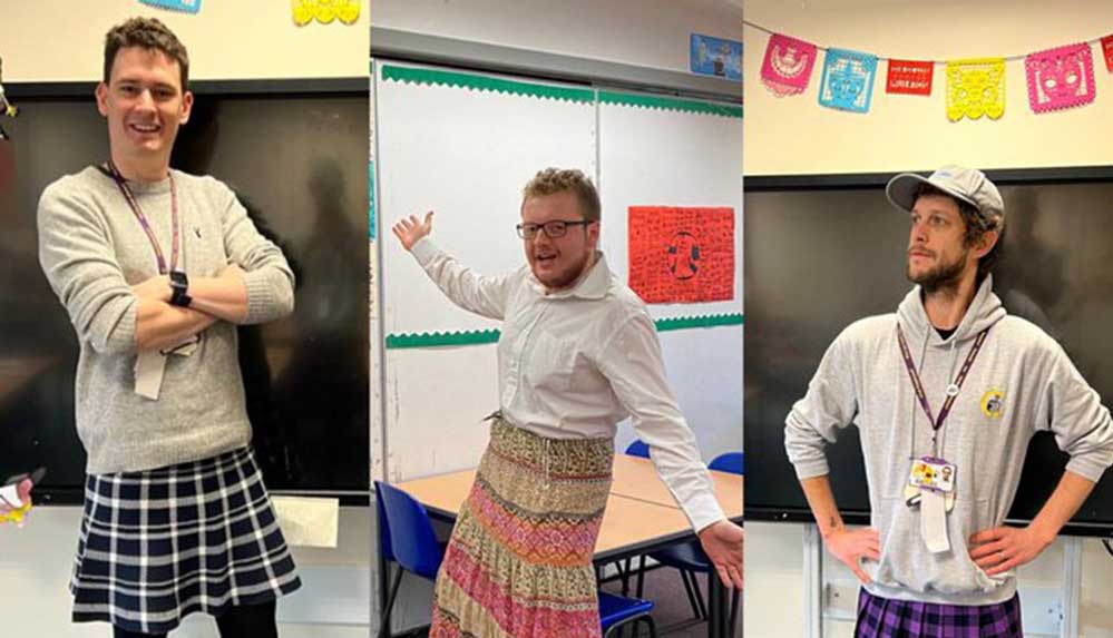 İskoçya'daki erkek öğretmenler, 'giysinin cinsiyeti yoktur' demek için etek giydi