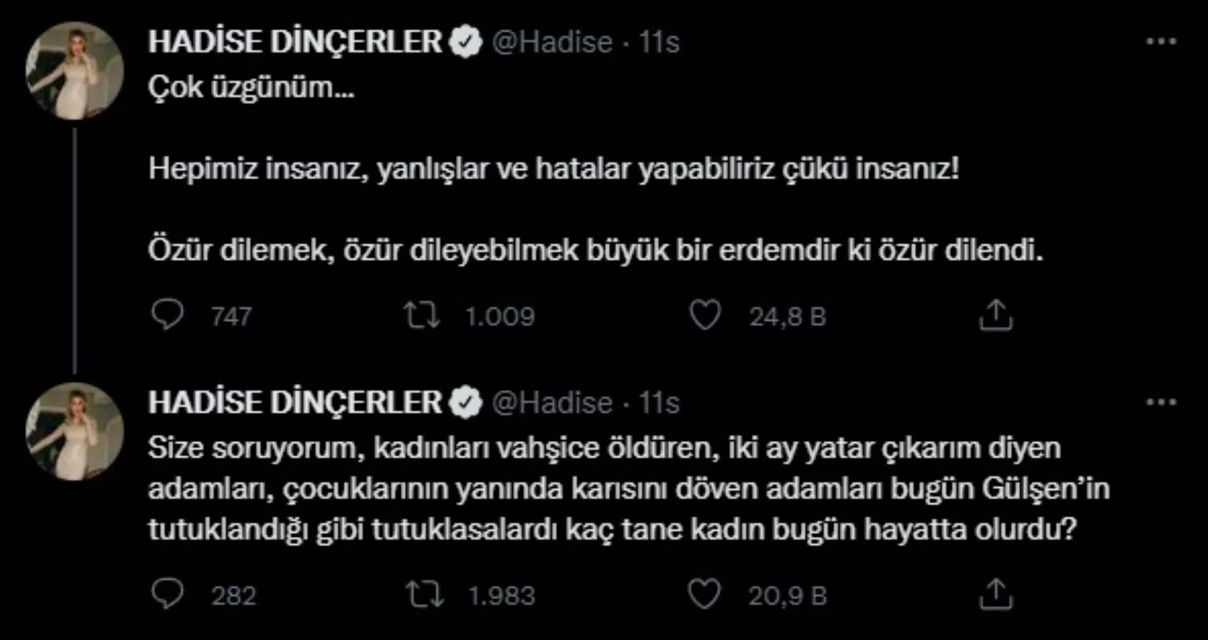 Hadise'den, Gülşen'in tutuklanmasına sert tepki: "Kadınları vahşice öldüren döven adamları tutuklasalardı..."